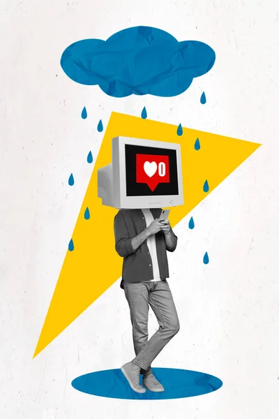 Вертикальний Творчий Колаж Фото Сумного Хлопця Тримає Телефон Під Дощовим — стокове фото