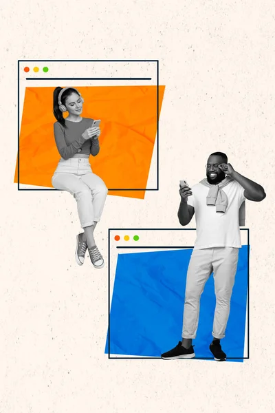 Вертикальный Коллаж Изображения Двух Позитивных Людей Черно Белые Цвета Использовать — стоковое фото