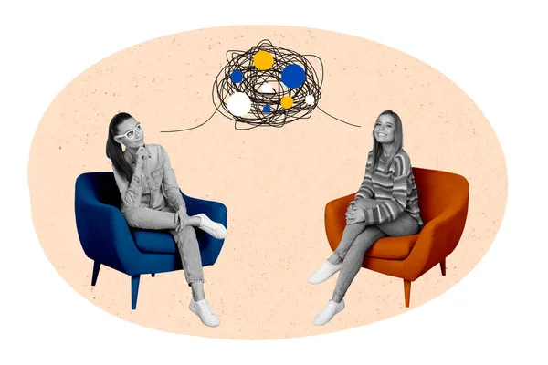 Collage Creativo Foto Ilustración Chicas Hermosas Reflexivas Conversación Conversación Lluvia —  Fotos de Stock