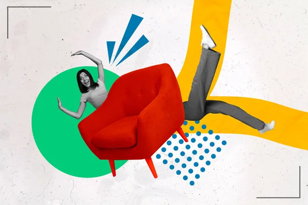 Kreatywny Kolaż Ilustracja Pod Wrażeniem Ekstatyczne Dziewczyna Spada Czerwony Fotel — Zdjęcie stockowe