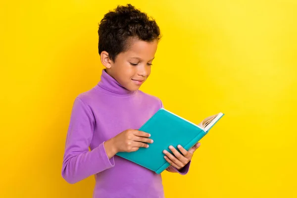 Portrait Intelligent Schoolkid Arms Hold Book Reading Isolated Yellow Color — Stock Photo, Image