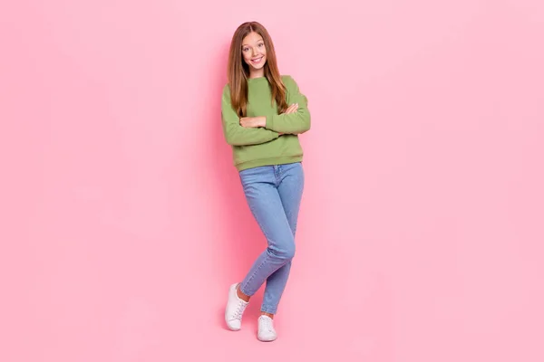 Full Length Photo Cheerful Confident Schoolgirl Wear Green Sweatshirt Arms — Stock Photo, Image