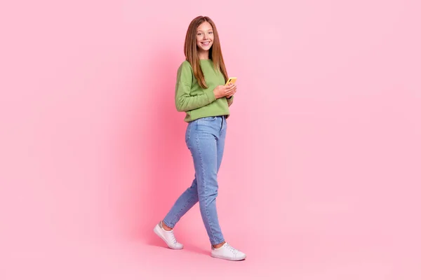 Full Length Photo Pretty Shiny Schoolgirl Wear Green Sweatshirt Writing — Stock Photo, Image