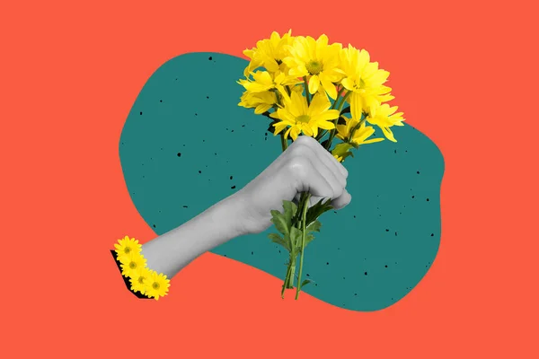 창의적 콜라주 미술품 포스터 사람의 배경에 고립된 꽃다발노란 전시하는 — 스톡 사진