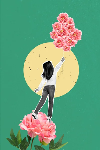 黑白色伽玛小女孩手捧着鲜花在画布背景上独立飘扬的垂直拼贴图像 — 图库照片