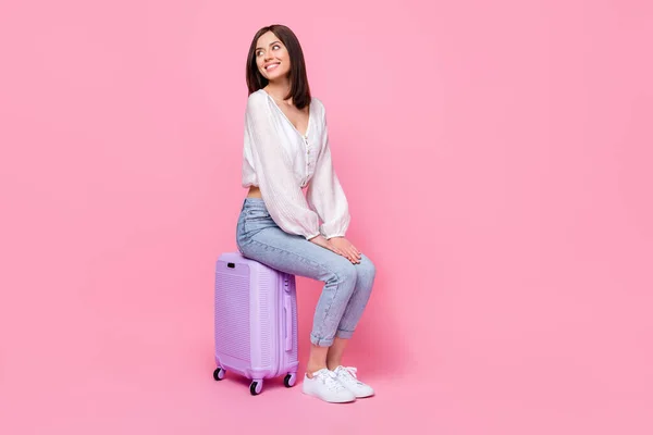 Full Body Photo Pretty Young Lady Sit Baggage Wait Departure — Stock Photo, Image
