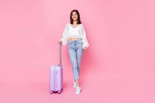 Full Body Photo Lovely Young Woman Suitcase Travel Agency Client — Stock Photo, Image