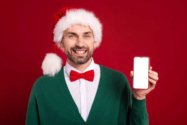 Portrait Funny Smile Businessman Wear Green Xmas Cardigan Saint Nicholas — Stock Photo, Image