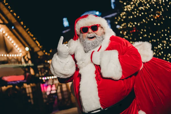 Portrait Careless Brutal Fat Aged Santa Carry Gifts Sack Hand — Stock Photo, Image