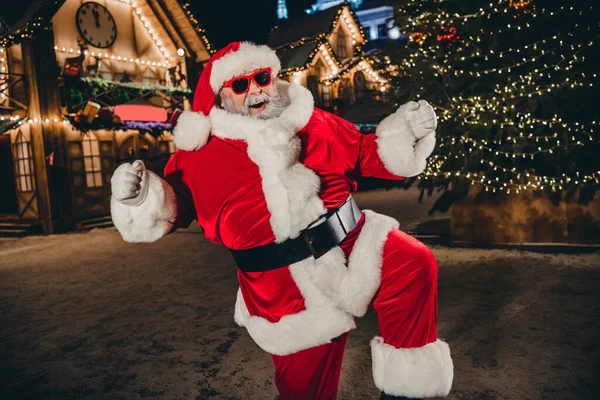 Portrait Astonished Excited Crazy Santa Raise Fists Triumph Rejoice Newyear — Stock Photo, Image