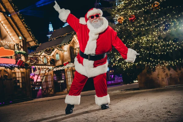 Full Length Portrait Excited Positive Grandfather Santa Point Fingers Dancing — Stock Photo, Image