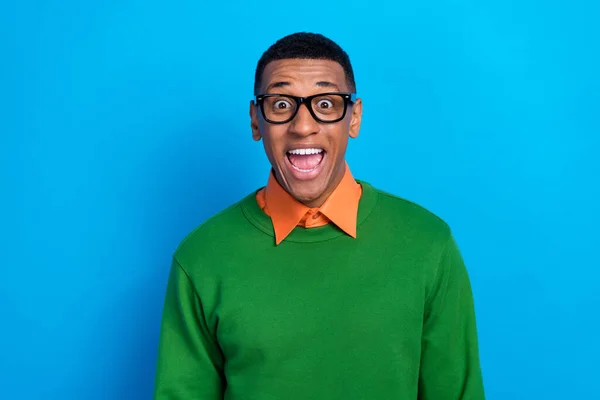 Portrait Carefree Positive Guy Dressed Orange Shirt Green Pullover Eyewear — Stock Photo, Image