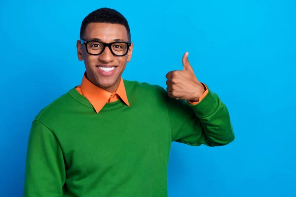 Portrait Handsome Smart Guy Wear Orange Shirt Green Pullover Eyewear — Stock Photo, Image