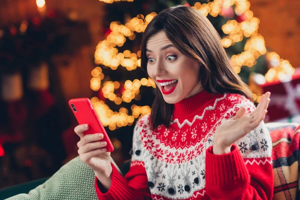 Photo Portrait Young Impressed Woman Wear Red Ugly Sweater Reindeer — Stock Photo, Image