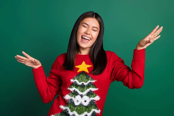 Photo Young Festive Excited Positive Korean Girl Wear Red Ugly — Stock Photo, Image