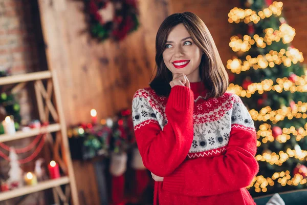 魅力的な笑顔の女性の写真の肖像画タッチ顎の表情モックアップ心は古いファッション醜いセーターを着用したい夢の計画クリスマス伝統屋内 — ストック写真