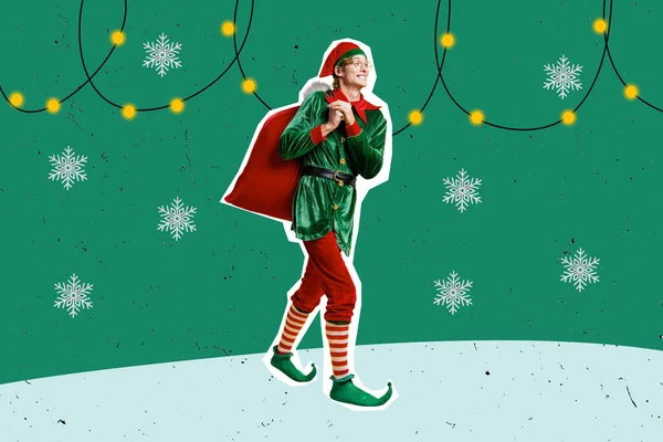Pozitif Elf Erkek Yürüyüşünün Birleşik Kolaj Resmi Dekoratif Arka Planda — Stok fotoğraf