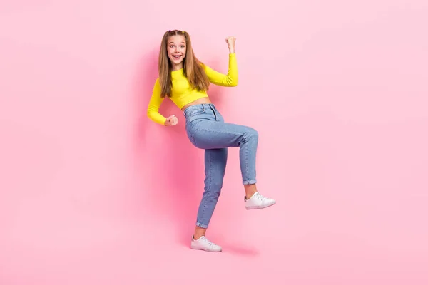 Full Length Photo Lucky Excited School Girl Dressed Yellow Crop — Stock Photo, Image