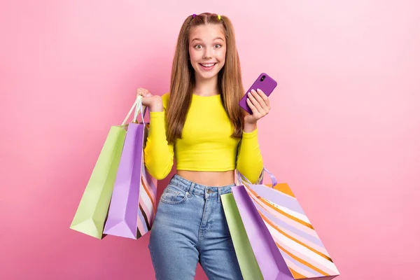 Photo Impressed Funky Schoolgirl Wear Yellow Crop Top Holding Shoppers — Stock Photo, Image
