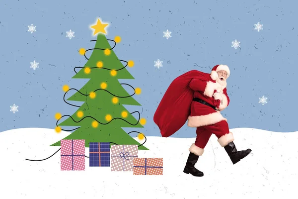 Креативная Фотография Коллаж Плакат Художественной Открытки Карикатуриста Санта Клауса Нести — стоковое фото