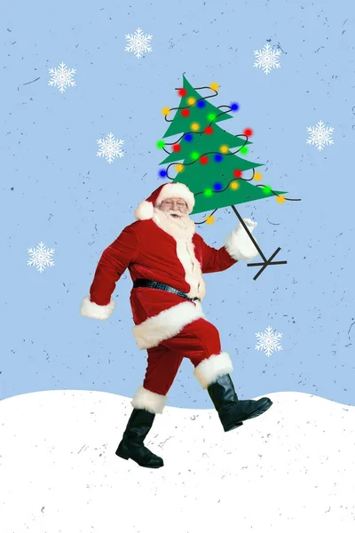 Креативна Фотографія Колаж Художній Плакат Листівка Санта Клауса Несе Новорічну — стокове фото