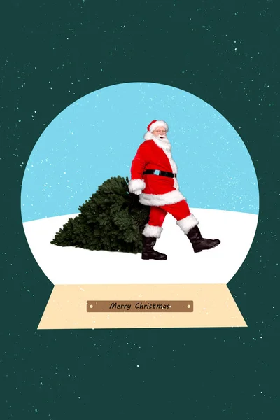 Vertikale Collage Bild Des Großvaters Weihnachtsmann Tragen Immergrünen Baum Fuß — Stockfoto