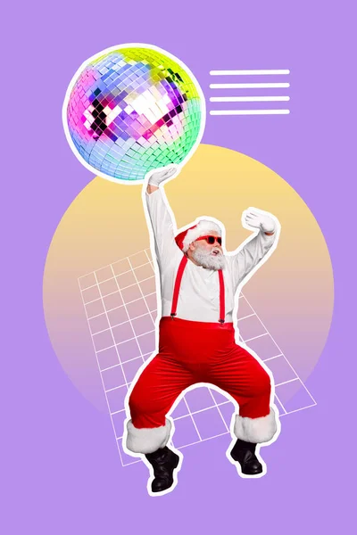 Vertikale Collage Bild Des Überglücklichen Funky Weihnachtsmann Großvater Tanzen Arm — Stockfoto
