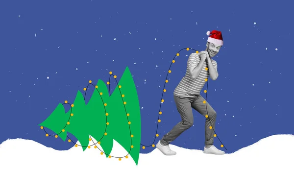 图片素描图片滑稽时髦的家伙拖着森林圣诞树的图画背景 — 图库照片