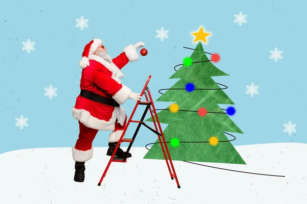 Creative collage image of santa claus grandfather climb ladder hold hang bauble ball toy tree isolated on winter background.