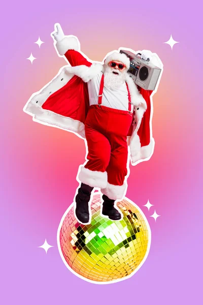 Pionowy Kolaż Obraz Beztroski Funky Wieku Santa Stoją Duże Disco — Zdjęcie stockowe