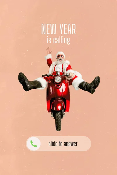 コラージュ3D画像のピンナップポップスケッチの面白い笑顔祖父乗馬Mopedクリスマスのタッチスクリーンプレゼント孤立した絵画の背景 — ストック写真