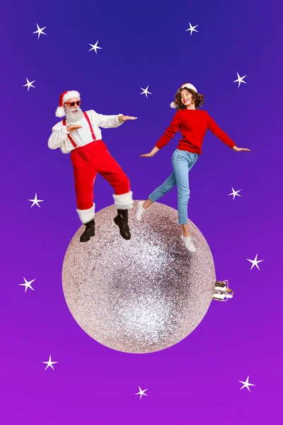 Creative photo 3d collage artwork poster postcard picture card of two person have fun big new year ball isolated on painting background.