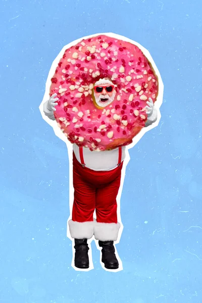 Yaratıcı Fotoğraf Kolaj Poster Broşürü Mutlu Adamın Büyük Tatlı Donut — Stok fotoğraf