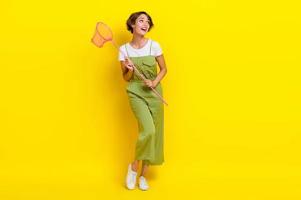 Full length photo of attractive young bob brown hair girl hold fishnet stick look empty space dreaming how catch isolated on yellow color background.