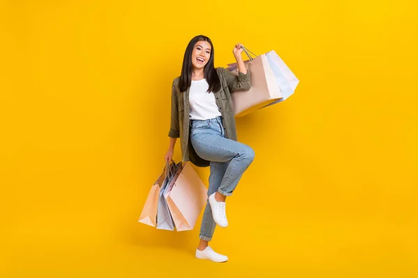 Full Body Photo Young Excited Shopaholic Korean Woman Wear Casual — Stock Photo, Image