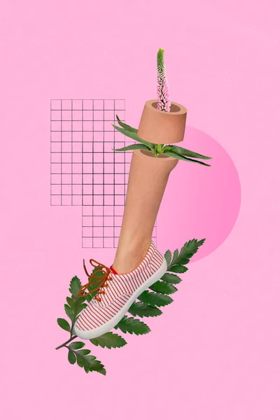 Collage Affisch Insidan Abstrakt Ben Växande Blomma Sneaker Skosnören Blomma — Stockfoto