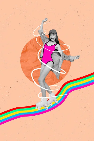 Colagem Foto Banner Jovem Animado Mulher Usar Rosa Pintado Biquíni — Fotografia de Stock