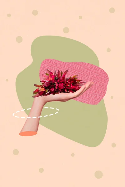 Criativo Retro Revista Colagem Imagem Braços Segurando Vermelho Verão Flores — Fotografia de Stock