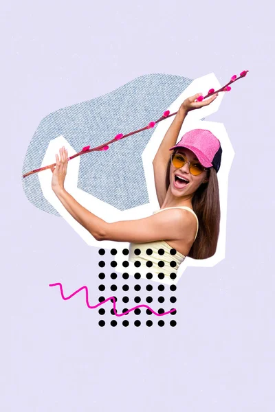 Collage Foto Cartel Divertido Excitado Chica Positiva Desgaste Gorra Danza —  Fotos de Stock
