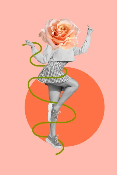 正面的 有趣的 好心情的 没有头的 跳舞的女孩的垂直创造性照片拼贴 而不是在粉色背景上孤立的头 — 图库照片