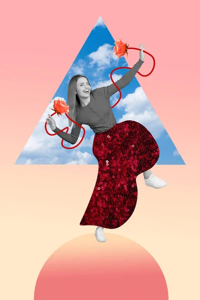 Collage Foto Van Jonge Opgewonden Dame Dansen Dragen Feestelijke Jurk — Stockfoto