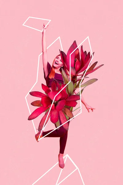 Collage Photo Sketch Magazine Γυναίκα Χορεύει Όμορφη Ανάπτυξη Λουλουδιών Γιορτάζουν — Φωτογραφία Αρχείου