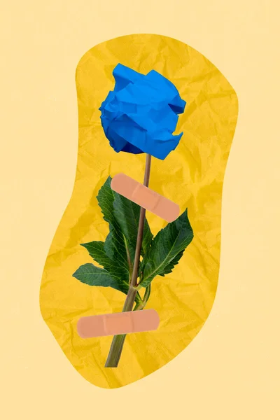 3Dレトロ抽象的な創造的なコラージュアートワークテンプレート花の隔離された絵画の背景の代わりに花の青い紙のボールを付着プラスターのコラージュ — ストック写真