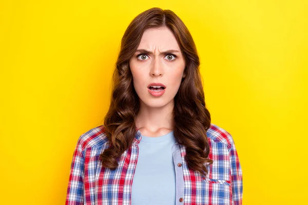 Photo Angry Shocked Young Lady Wear Plaid Shirt Looking You — Stock Photo, Image
