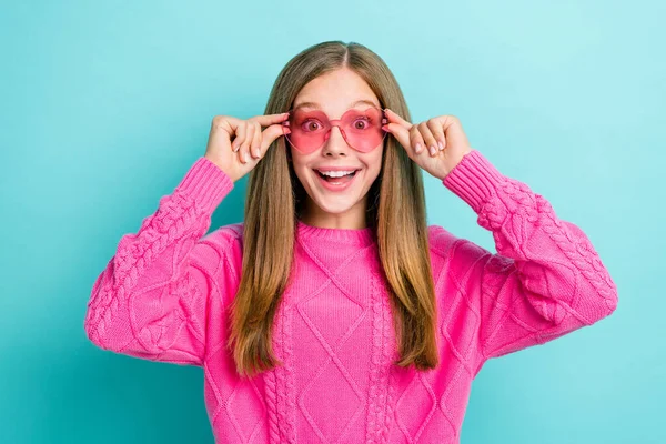 Closeup Photo Funky Excited Relaxed Girl Wear Pink Sunglasses Good — Stock Photo, Image