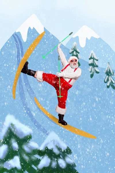 Vertical creative photo collage illustration of funny positive carefree good mood santa claus skiing resort mountains on background.