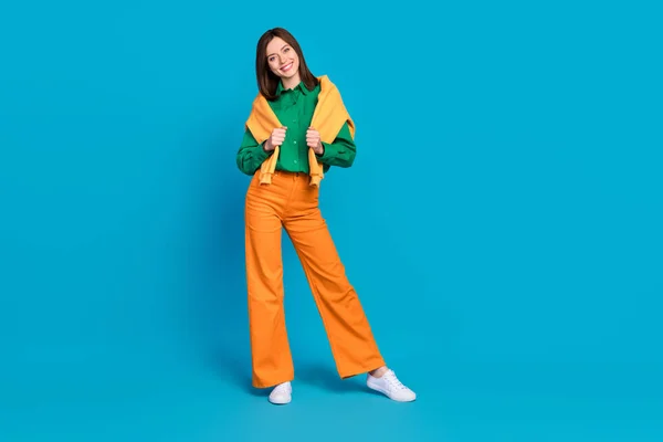 Voller Länge Foto Der Erfolgreichen Dame Tragen Orange Grüne Kleidung — Stockfoto