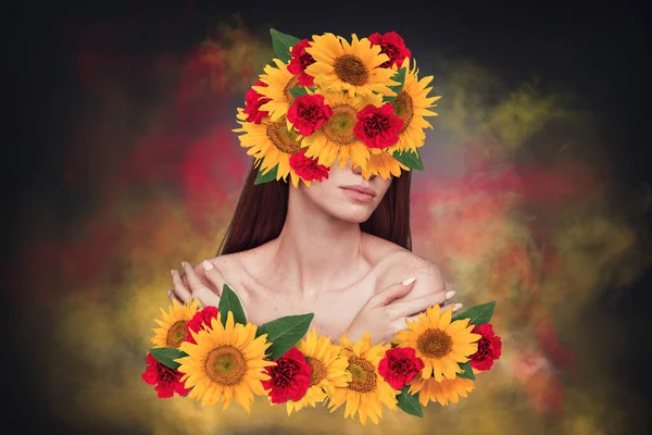 stock image Poster banner collage of lady full sunflower petals ukrainian symbol touching her body embrace on yellow dark dust.