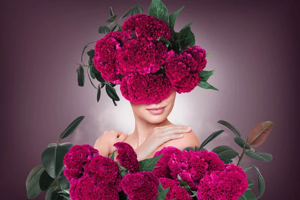Poster Creatieve Collage Van Rare Dame Met Roze Bloemen Schoonheid — Stockfoto