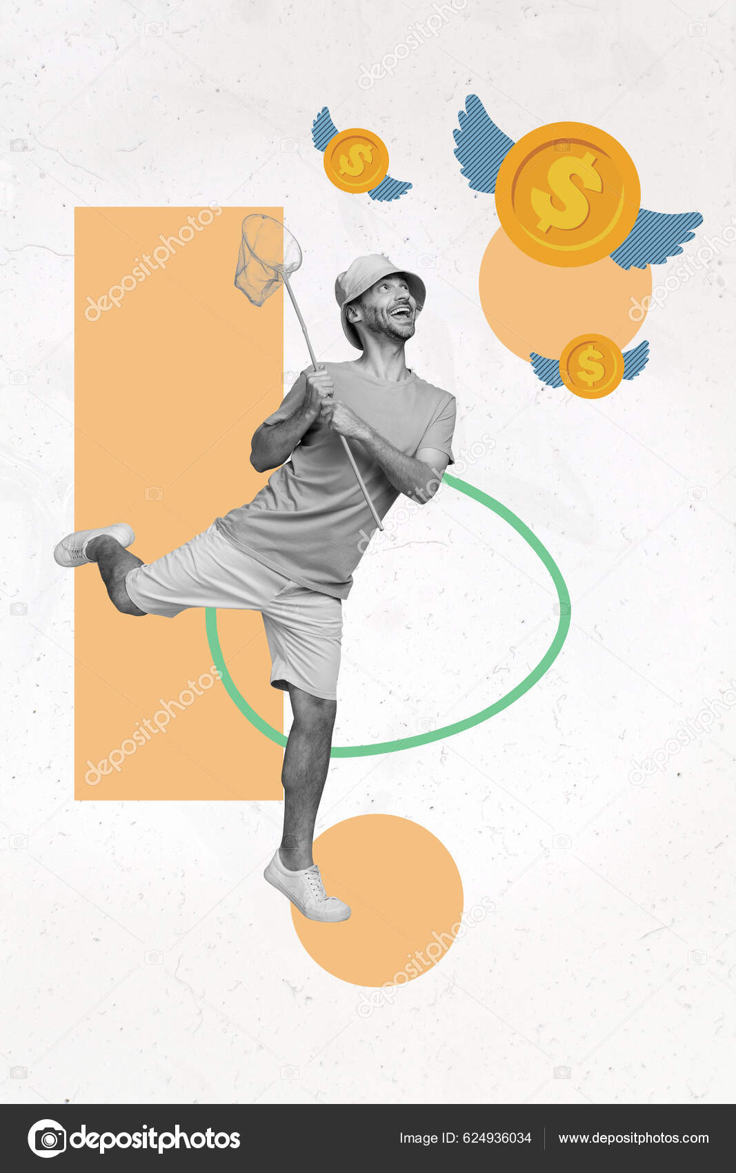 Composite Collage Image Enthusiastic Man Hold Butterfly Net Catcher Pursue  Stock Illustration by ©deagreez1 #624936034